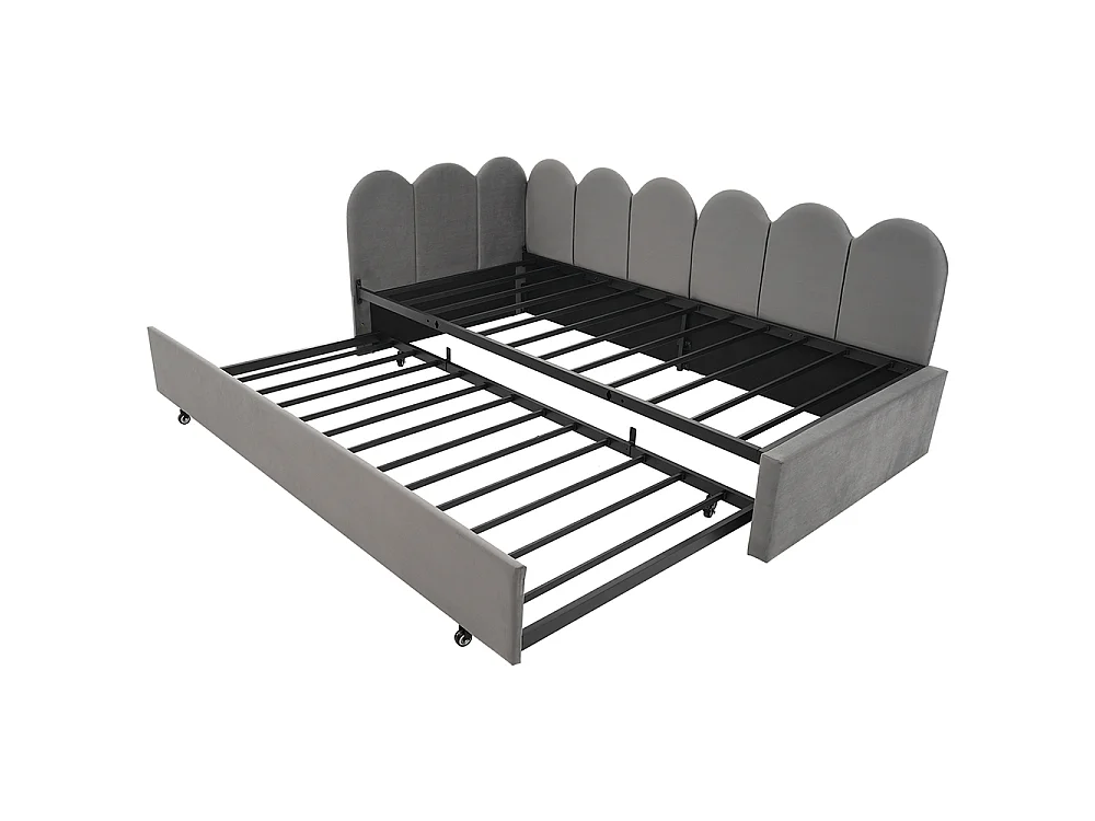 Lit simple rembourré 90 x 200 cm, Canapé-lit avec lit gigogne 90 x 190 cm, Lit enfant avec sommier à lattes, Velours, Gris, Sans matelas