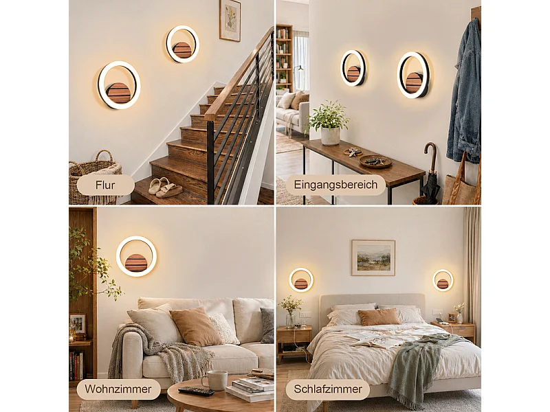 Nettlife Applique LED 6 W 3000 K 20 cm rond effet bois indirect couloir escalier salon chambre (Classe E) – Design moderne en forme d'anneau – LED