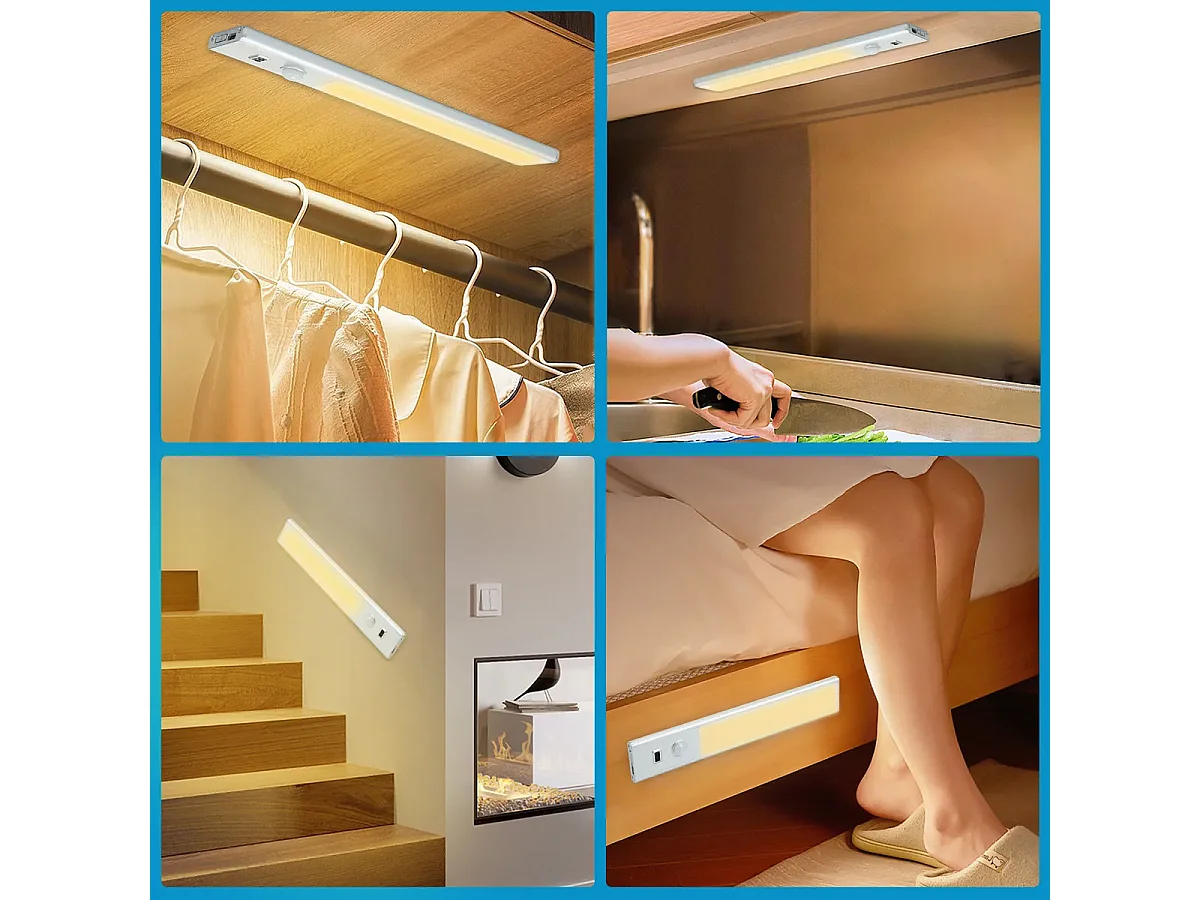 NETTLIFE Réglette LED Cuisine avec Détecteur de Mouvement PIR & Capteur Manuel, Rechargeable, 6000K Blanc Froid, Magnétique sans Fil pour Escalier