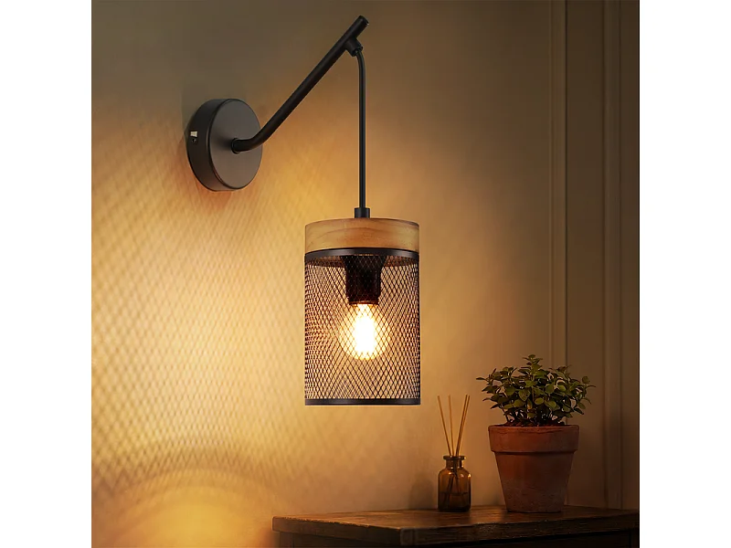NETTLIFE Vintage Wandleuchte Holz Metall Schwarz, Industrielle Retro-Leuchte mit Gitterschirm E14 für Wohnzimmer Schlafzimmer Flur Treppe (Ohne Leuchtmittel)
