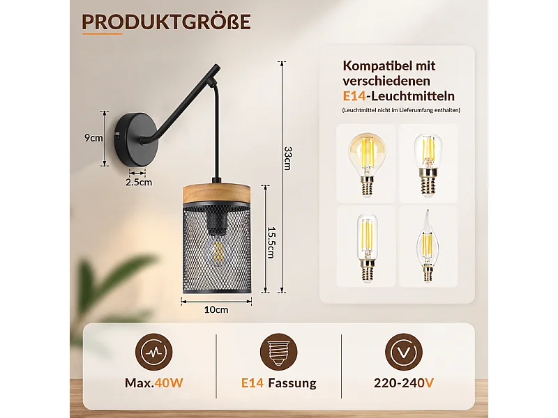 NETTLIFE Vintage Wandleuchte Holz Metall Schwarz, Industrielle Retro-Leuchte mit Gitterschirm E14 für Wohnzimmer Schlafzimmer Flur Treppe (Ohne Leuchtmittel)