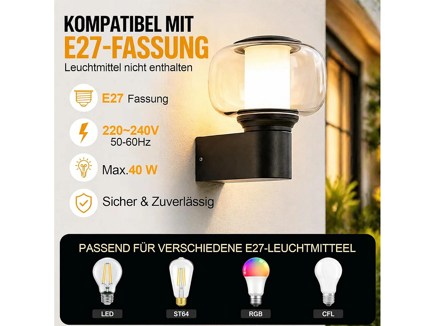 NETTLIFE Runde Außenwandleuchte IP65 E27 Max. 40W, Leuchte für Fassade, Balkon, Terrasse, Garten, Außenbeleuchtung (Ohne Leuchtmittel)
