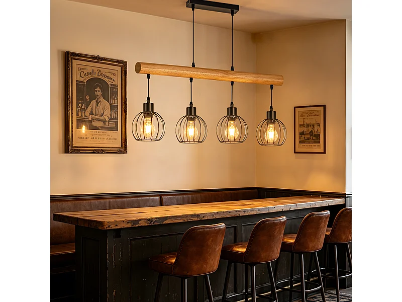 NETTLIFE Suspension Vintage en Bois 4 Lampes, Lustre Industriel Métal Noir, Lampe de Salle à Manger Hauteur Réglable pour Cuisine Salon (Sans Ampoule)