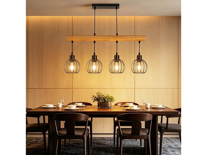 NETTLIFE Suspension Vintage en Bois 4 Lampes, Lustre Industriel Métal Noir, Lampe de Salle à Manger Hauteur Réglable pour Cuisine Salon (Sans Ampoule)