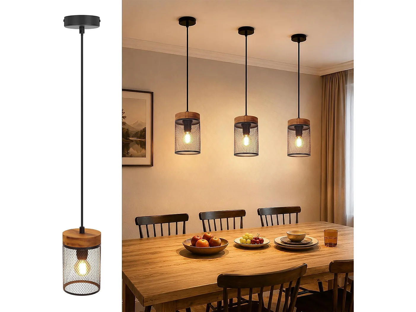 NETTLIFE Sospensione Vintage Nero E14, Lampadario Industriale con Paralume in Vetro, Lampada a Sospensione per Tavolo da Pranzo, Cucina (Senza Lampadina)