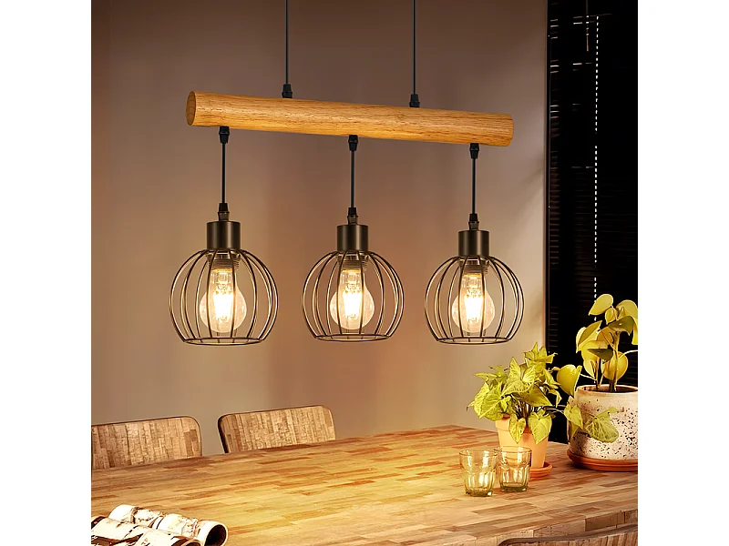 NETTLIFE Sospensione Vintage Legno e Metallo Nero E27, Lampadario Industriale 3 Luci con Trave in Legno per Sala da Pranzo e Soggiorno (Senza Lampadina)