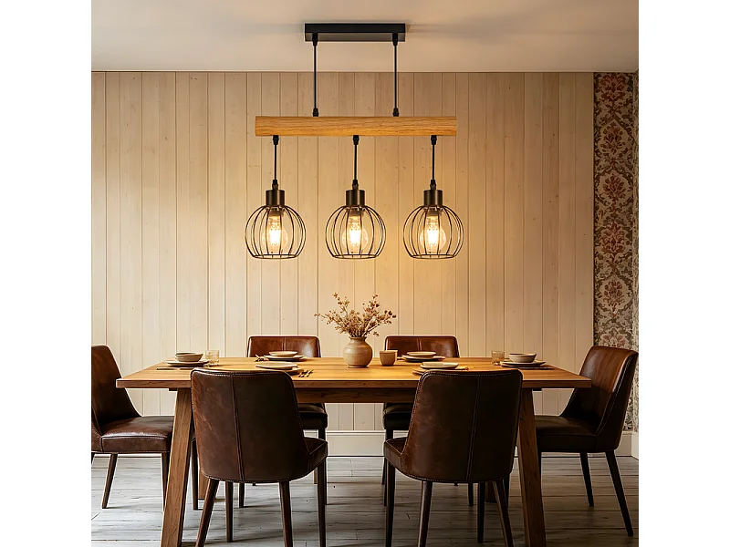 NETTLIFE Sospensione Vintage Legno e Metallo Nero E27, Lampadario Industriale 3 Luci con Trave in Legno per Sala da Pranzo e Soggiorno (Senza Lampadina)