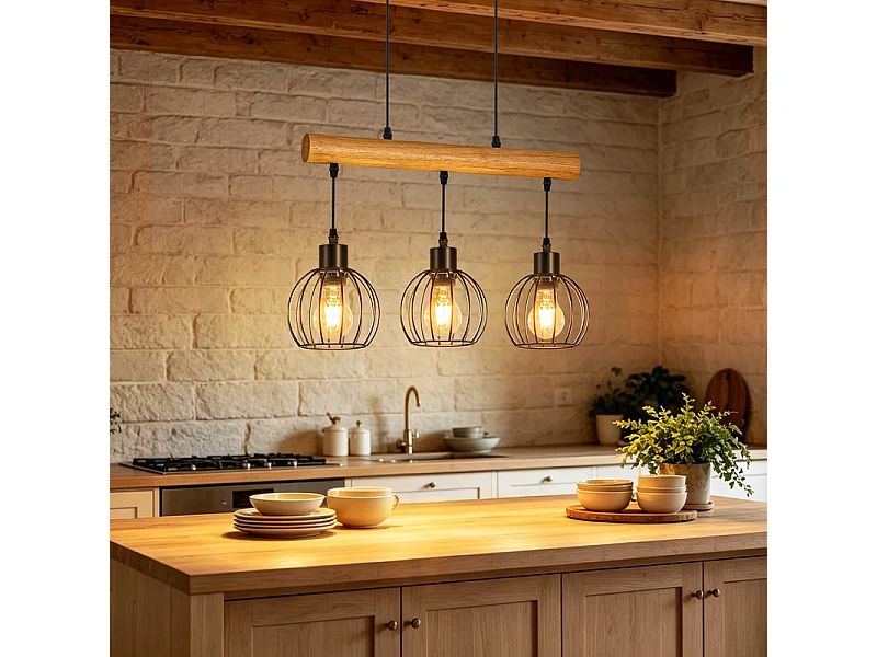 NETTLIFE Sospensione Vintage Legno e Metallo Nero E27, Lampadario Industriale 3 Luci con Trave in Legno per Sala da Pranzo e Soggiorno (Senza Lampadina)