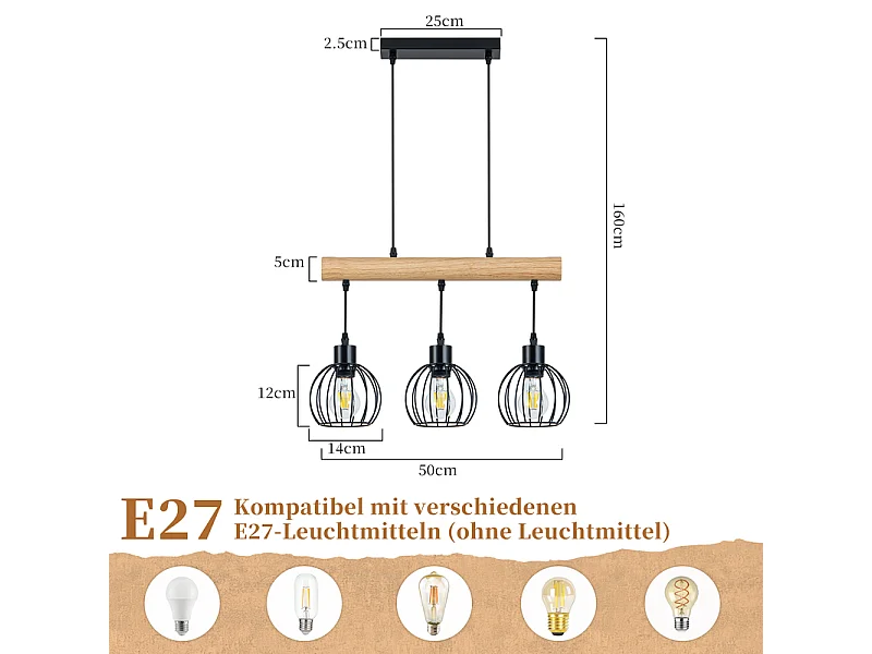 NETTLIFE Sospensione Vintage Legno e Metallo Nero E27, Lampadario Industriale 3 Luci con Trave in Legno per Sala da Pranzo e Soggiorno (Senza Lampadina)