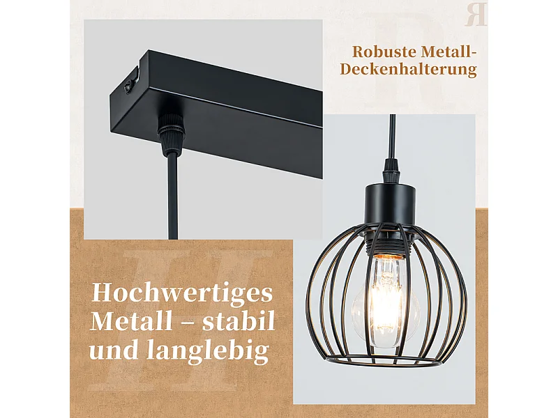 NETTLIFE Sospensione Vintage Legno e Metallo Nero E27, Lampadario Industriale 3 Luci con Trave in Legno per Sala da Pranzo e Soggiorno (Senza Lampadina)