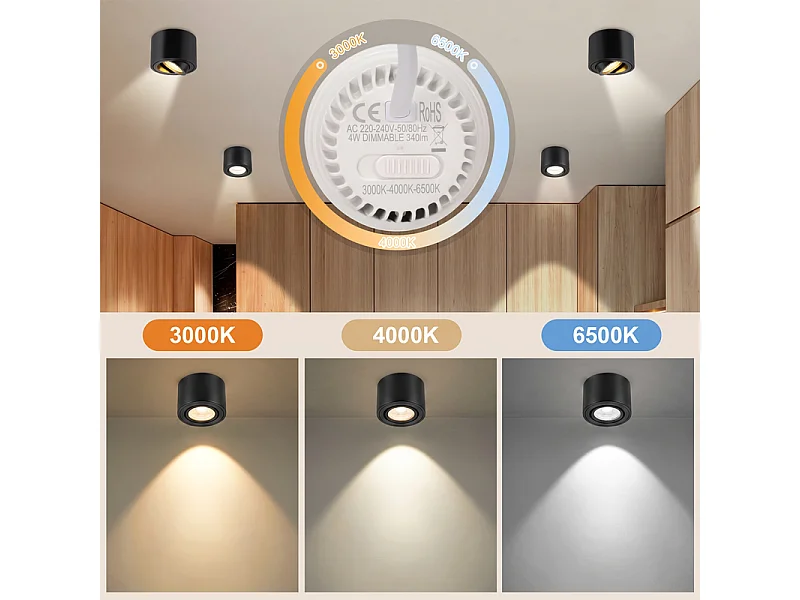 NETTLIFE Set van 4 Zwarte LED Inbouwspots, Plafondlamp Dimbaar CCT 3000K-6500K, Ø80x50mm Extra Plat Aluminium, Draaibaar 30°, Plafondlamp