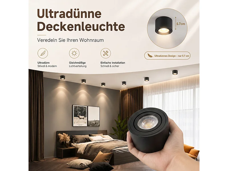 NETTLIFE Set van 4 Zwarte LED Inbouwspots, Plafondlamp Dimbaar CCT 3000K-6500K, Ø80x50mm Extra Plat Aluminium, Draaibaar 30°, Plafondlamp