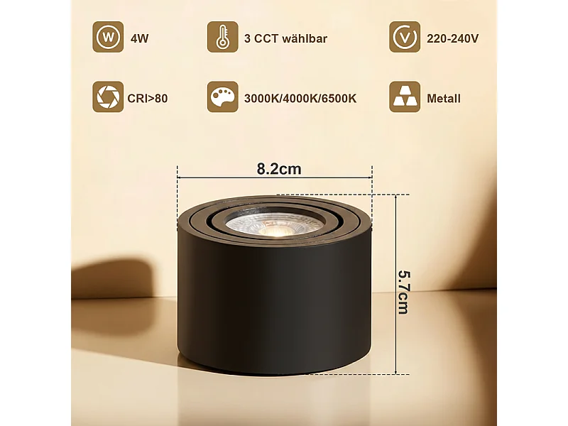 NETTLIFE Set van 4 Zwarte LED Inbouwspots, Plafondlamp Dimbaar CCT 3000K-6500K, Ø80x50mm Extra Plat Aluminium, Draaibaar 30°, Plafondlamp