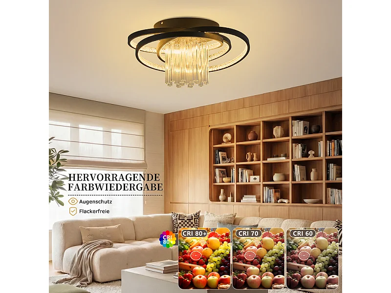 NETTLIFE Plafón LED Negro 40W Redondo Moderno, Lámpara Colgante Cristal 3000K Blanco Cálido, Luminaria de Techo para Salón Dormitorio Cocina Oficina Pasillo