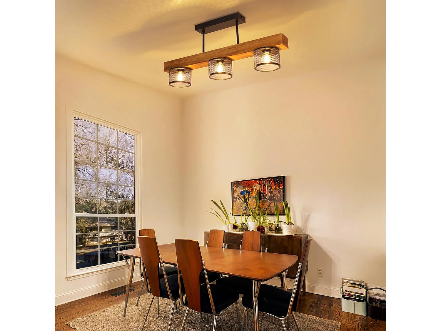 Nettlife Plafonnier Vintage Bois et Métal Noir, Lustre Industriel 3 Lampes E14, Luminaire de Plafond Cage pour Salon Cuisine Chambre (Sans Ampoule)