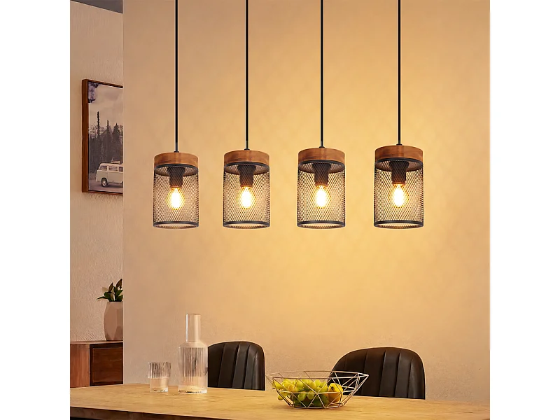 Nettlife Sospensione Vintage Legno Nero 4 Luci E14 Metallo Retro per Sala da Pranzo Soggiorno Cucina Ristorante (Senza Lampadina)