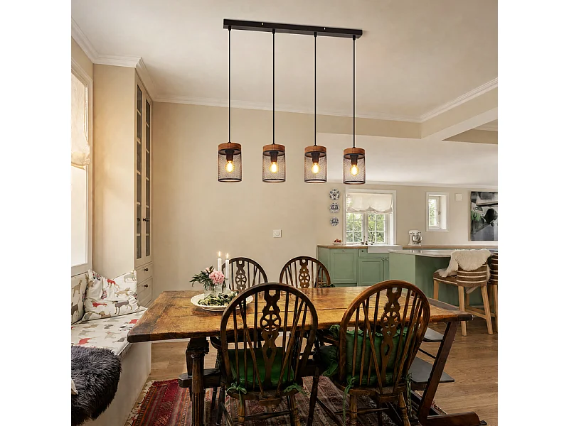 Nettlife Sospensione Vintage Legno Nero 4 Luci E14 Metallo Retro per Sala da Pranzo Soggiorno Cucina Ristorante (Senza Lampadina)