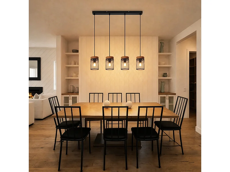 Nettlife Sospensione Vintage Legno Nero 4 Luci E14 Metallo Retro per Sala da Pranzo Soggiorno Cucina Ristorante (Senza Lampadina)