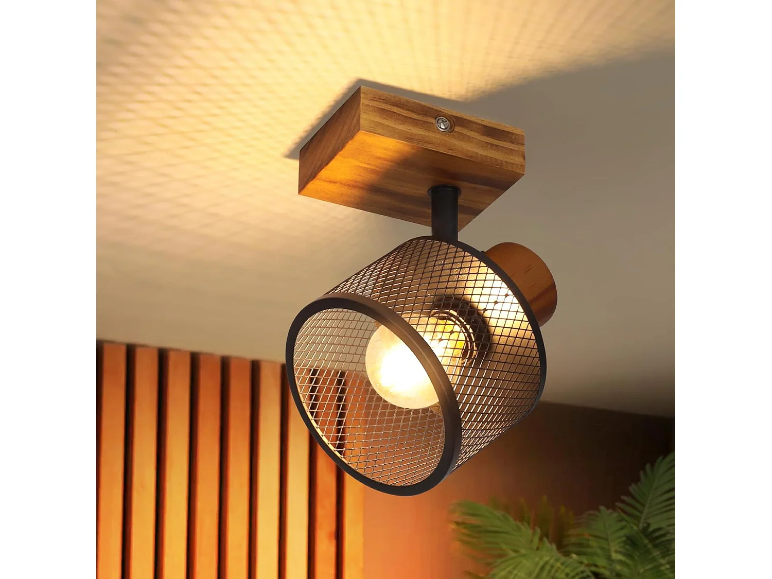 NETTLIFE Deckenleuchte 1 Spot Vintage Holz und Schwarzmetall E14, Industrielle Schwenkbare Leuchte für Flur, Küche, Wohnzimmer (Ohne Leuchtmittel)