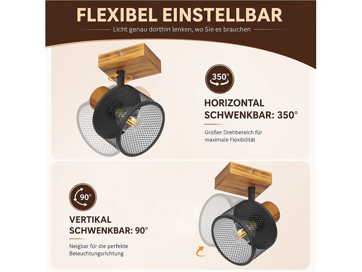 NETTLIFE Deckenleuchte 1 Spot Vintage Holz und Schwarzmetall E14, Industrielle Schwenkbare Leuchte für Flur, Küche, Wohnzimmer (Ohne Leuchtmittel)