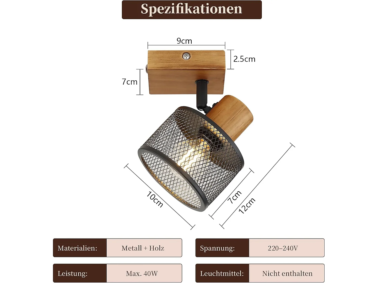 NETTLIFE Deckenleuchte 1 Spot Vintage Holz und Schwarzmetall E14, Industrielle Schwenkbare Leuchte für Flur, Küche, Wohnzimmer (Ohne Leuchtmittel)