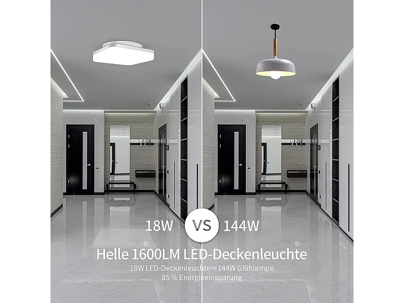 Nettlife Plafonnier LED carré ultra-plat 18 W 1600 lm IP54 étanche CRI80+ éco 85% pour 10-15㎡, installation facile., LED, LED 18 W 144 W, LED