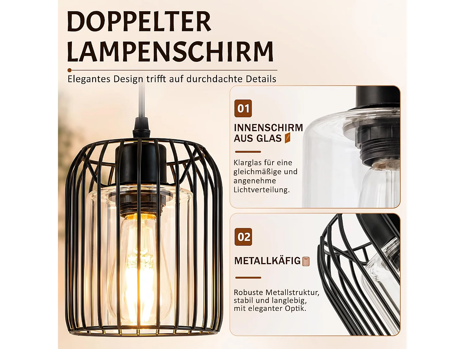NETTLIFE Pendelleuchte Vintage Schwarz E27, Industrieleuchte mit Glasschirm, Hängelampe für Esstisch, Küche (Ohne Leuchtmittel)