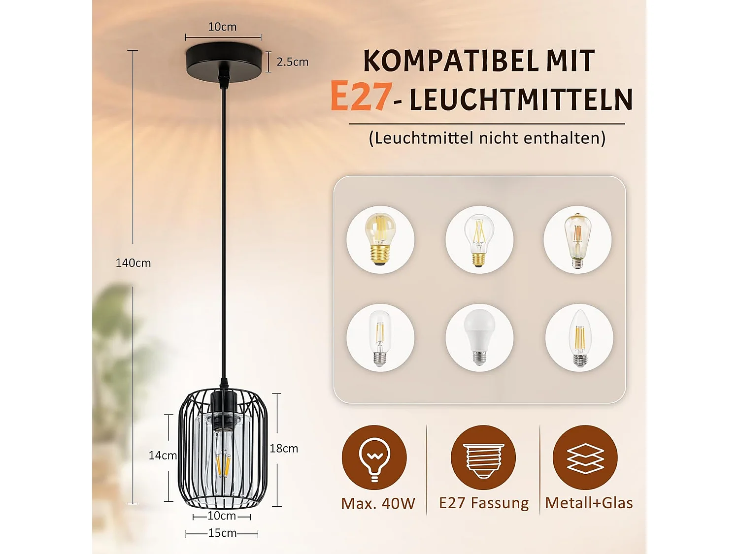 NETTLIFE Pendelleuchte Vintage Schwarz E27, Industrieleuchte mit Glasschirm, Hängelampe für Esstisch, Küche (Ohne Leuchtmittel)