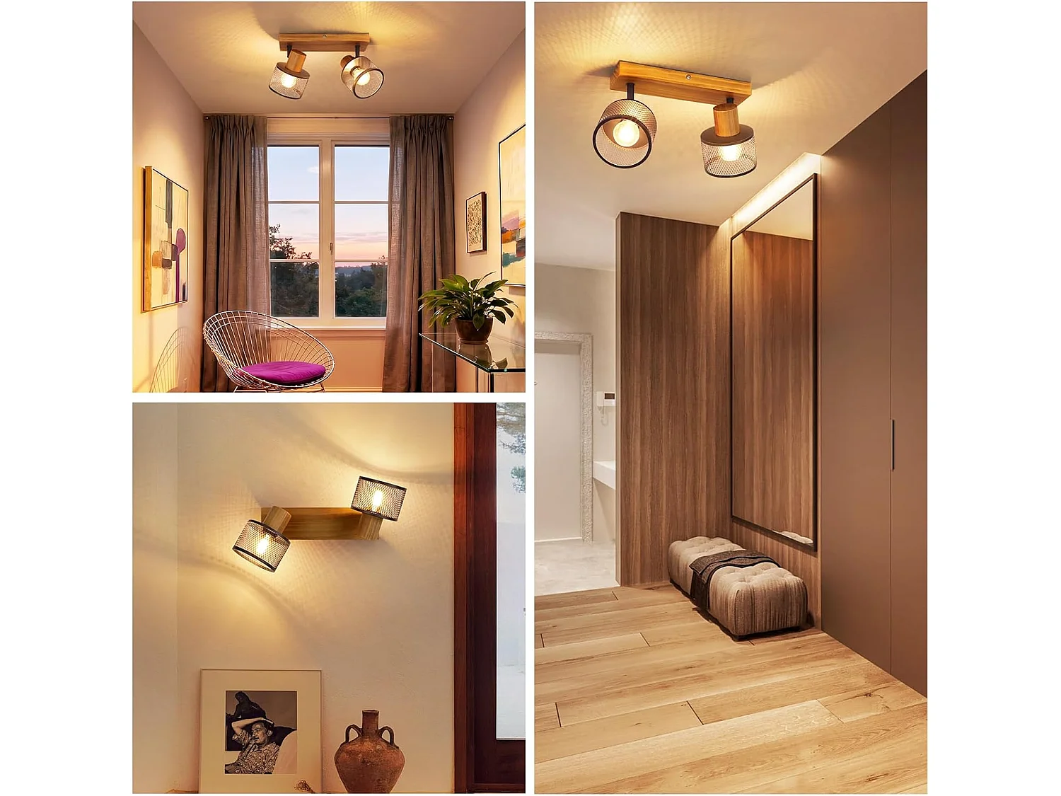 NETTLIFE Deckenstrahler Spot Orientierbar Vintage E14, 2-flammige Schiene Holz Schwarzmetall mit Käfig für Flur Küche Bar, Leuchtmittel Nicht Enthalten