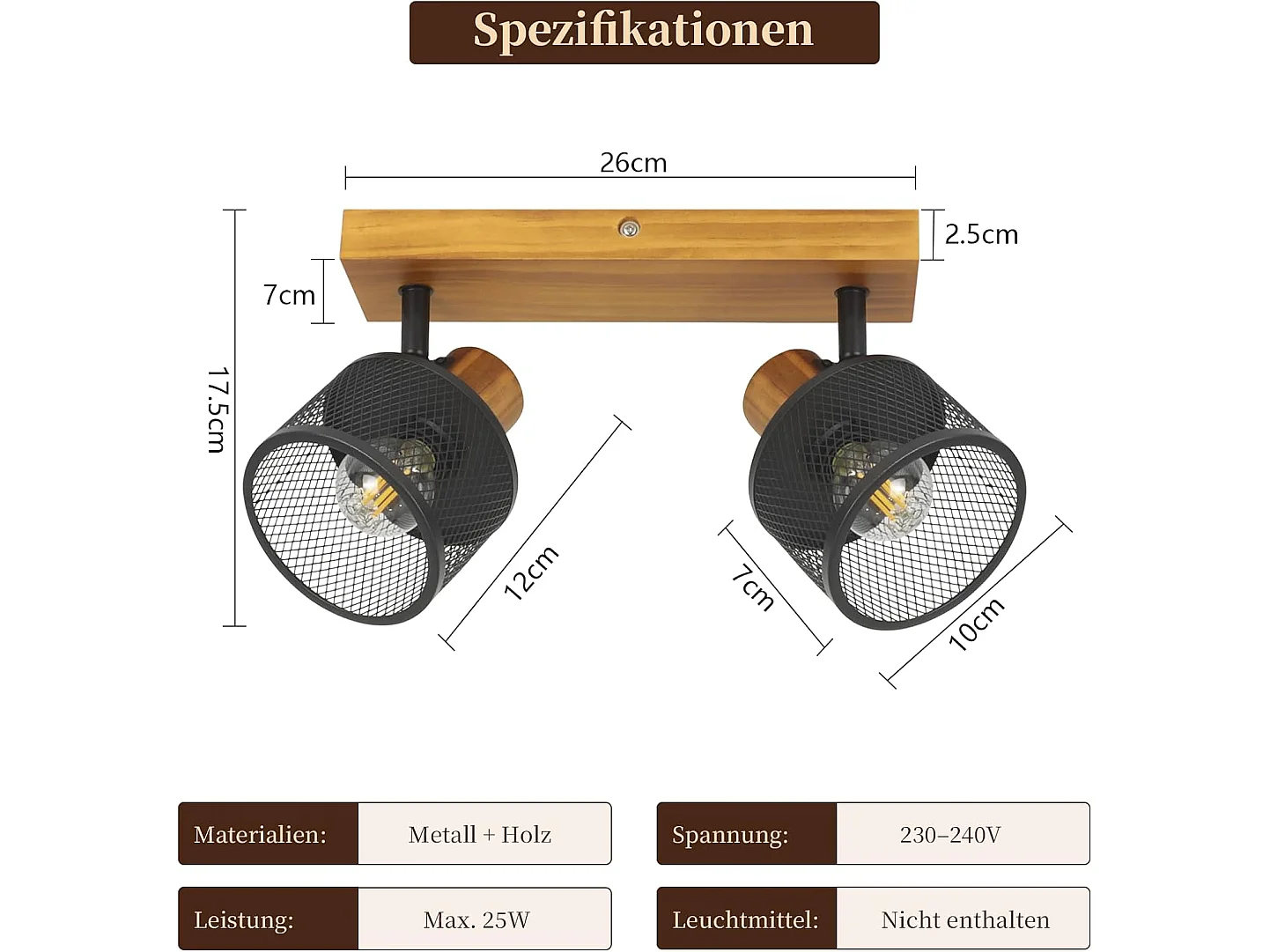 NETTLIFE Deckenstrahler Spot Orientierbar Vintage E14, 2-flammige Schiene Holz Schwarzmetall mit Käfig für Flur Küche Bar, Leuchtmittel Nicht Enthalten