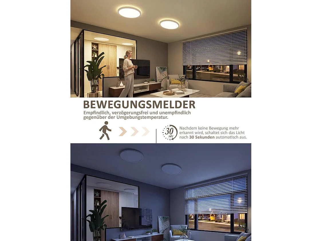 Nettlife LED-Deckenleuchte 18W 1900lm 4000K IP44 mit Radarsensor für stehende Personen