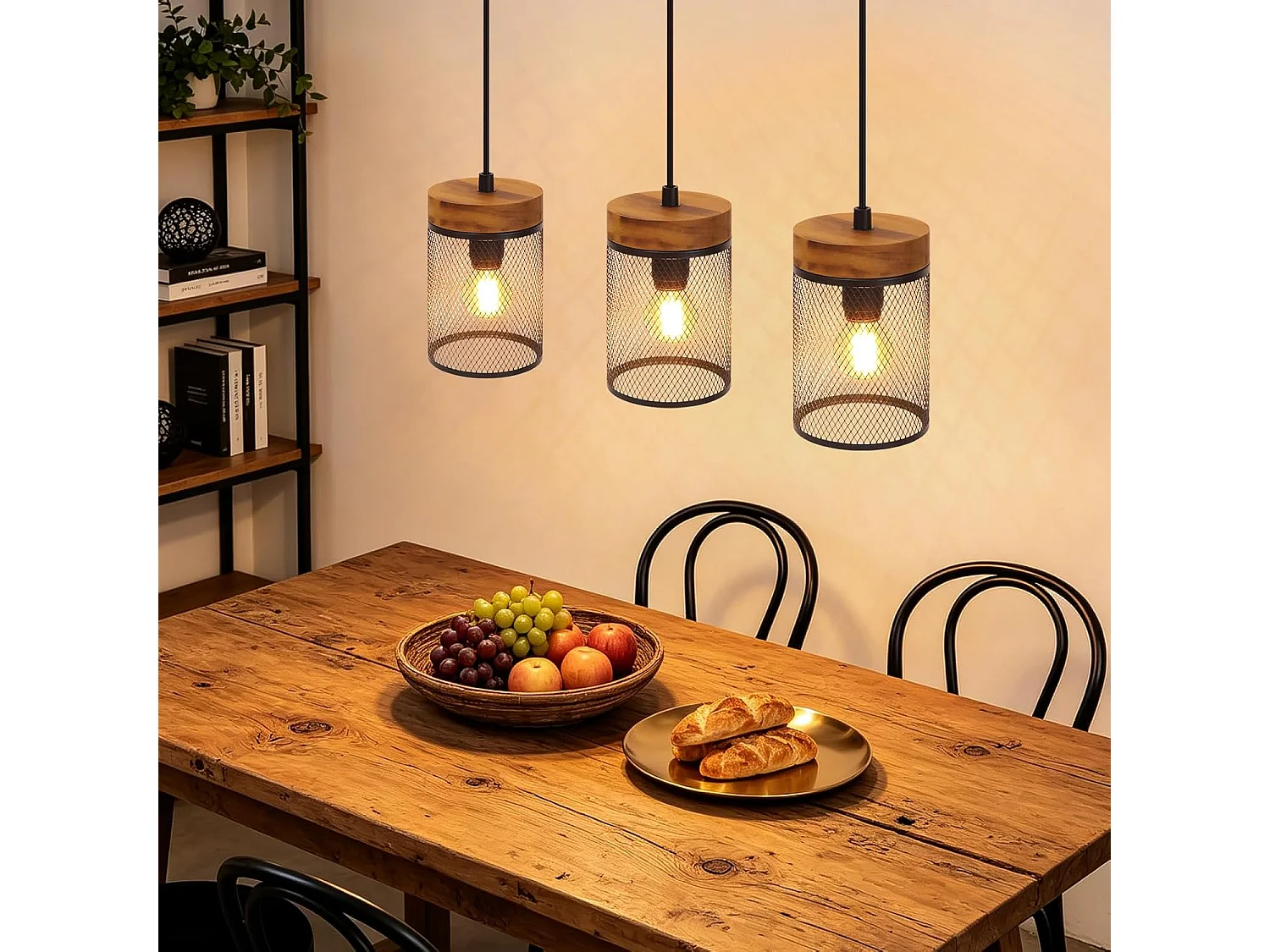 NETTLIFE Pendelleuchte Vintage E14, Industrieleuchte 3 Flammen Holz Metall Schwarz für Esstisch Küche, Leuchtmittel Nicht Enthalten