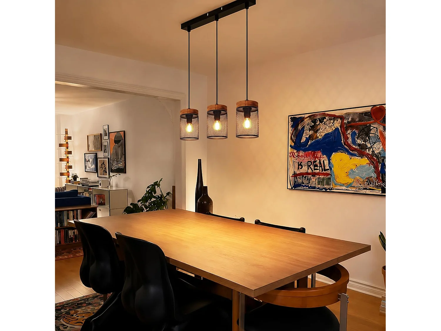 NETTLIFE Pendelleuchte Vintage E14, Industrieleuchte 3 Flammen Holz Metall Schwarz für Esstisch Küche, Leuchtmittel Nicht Enthalten