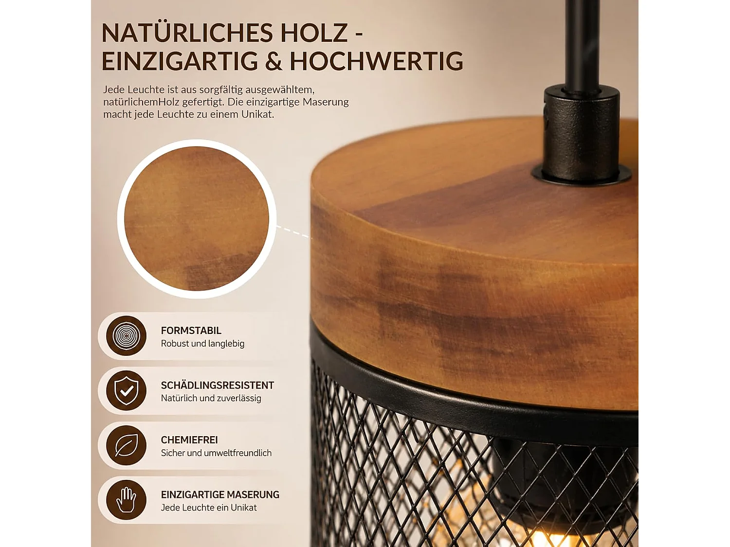 NETTLIFE Pendelleuchte Vintage E14, Industrieleuchte 3 Flammen Holz Metall Schwarz für Esstisch Küche, Leuchtmittel Nicht Enthalten