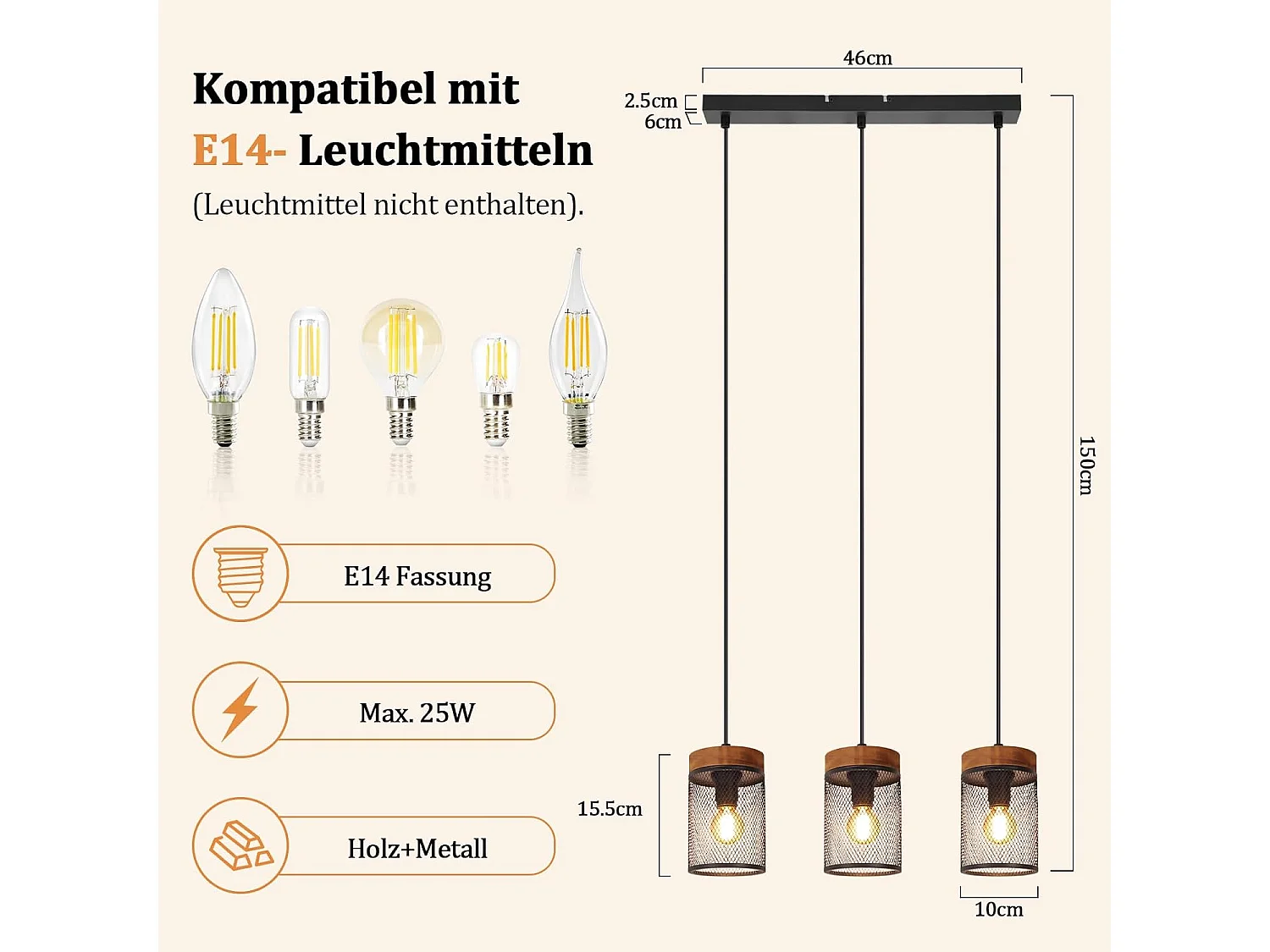 NETTLIFE Pendelleuchte Vintage E14, Industrieleuchte 3 Flammen Holz Metall Schwarz für Esstisch Küche, Leuchtmittel Nicht Enthalten