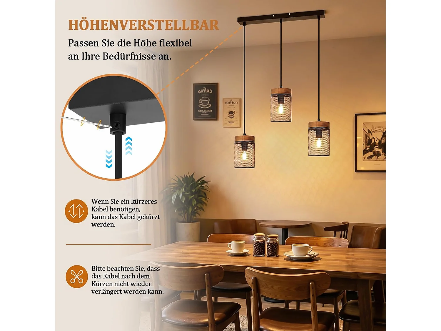 NETTLIFE Pendelleuchte Vintage E14, Industrieleuchte 3 Flammen Holz Metall Schwarz für Esstisch Küche, Leuchtmittel Nicht Enthalten