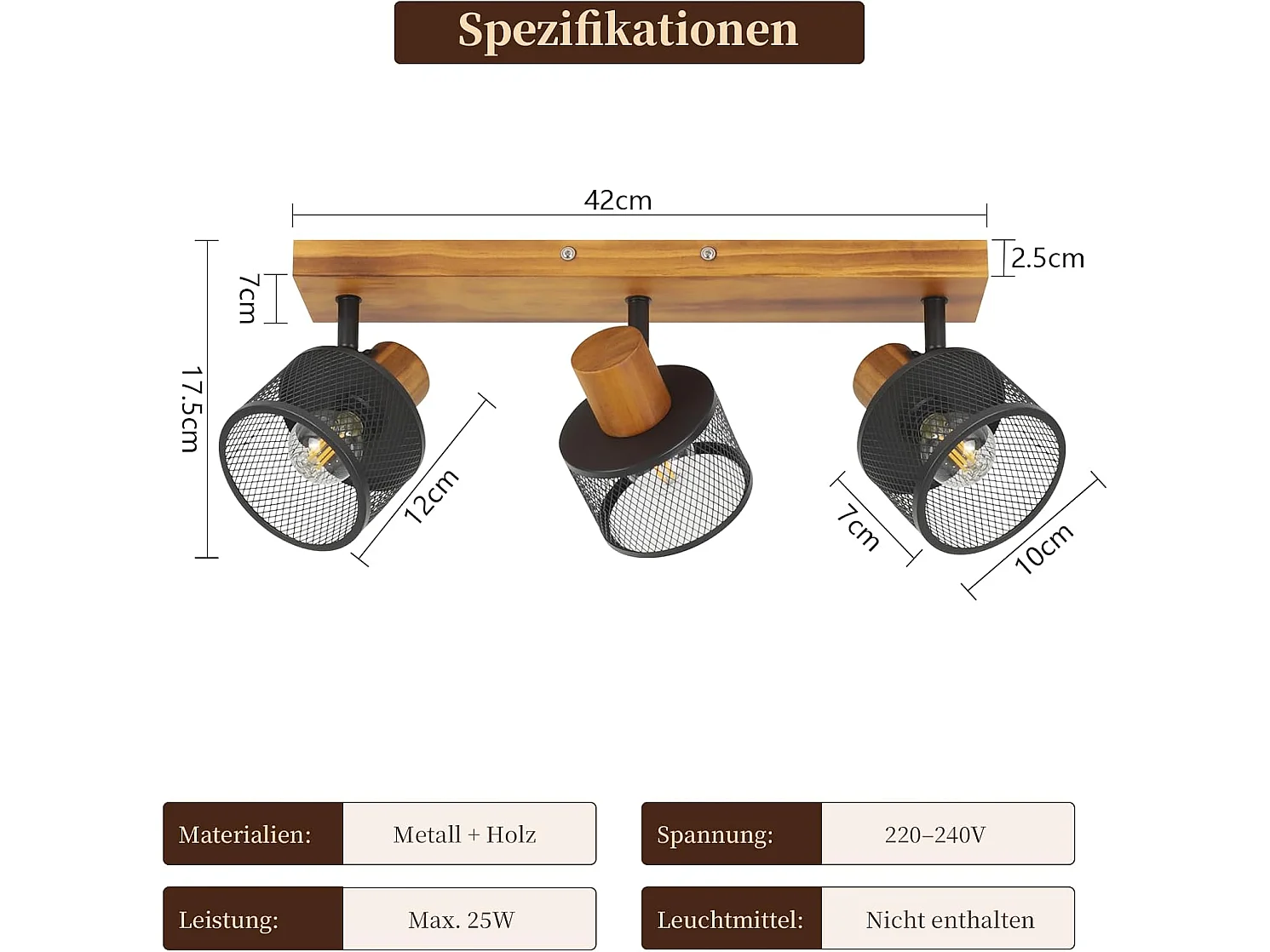 NETTLIFE Industrie-Deckenleuchte 3 Leuchten E14 Holz, Retro-Leuchte Schwarzmetall Schwenkbar 350° für Küche Wohnzimmer Flur, Leuchtmittel Nicht Enthalten