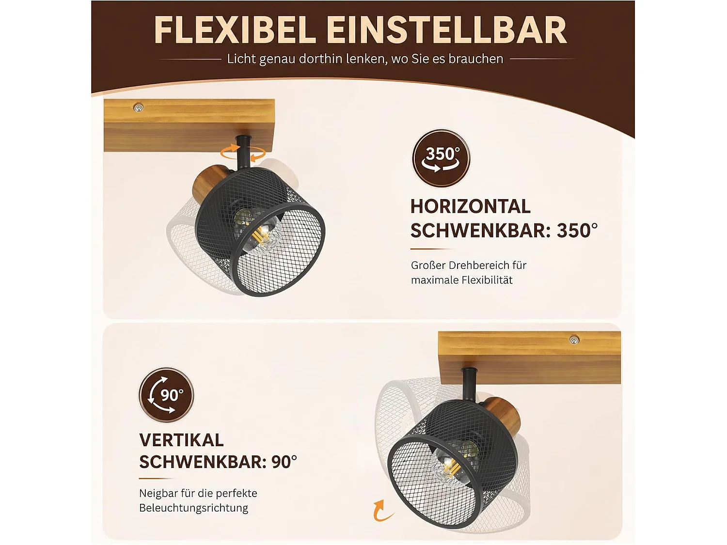 NETTLIFE Industrie-Deckenleuchte 3 Leuchten E14 Holz, Retro-Leuchte Schwarzmetall Schwenkbar 350° für Küche Wohnzimmer Flur, Leuchtmittel Nicht Enthalten