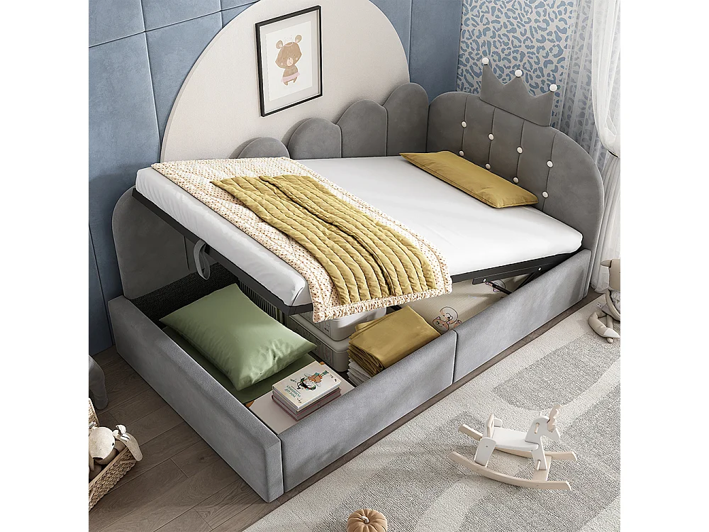 Lit simple rembourré 90 x 200 cm, Canapé-lit avec hydraulique rangement, Lit enfant avec couronne, sommier à lattes, velours gris, sans matelas