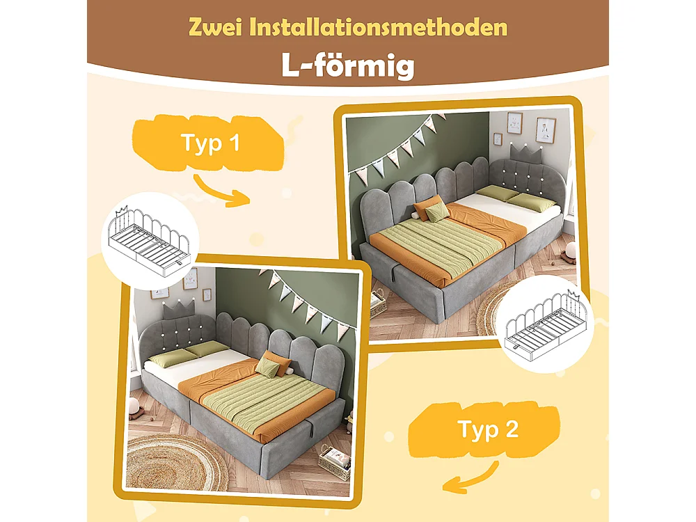Lit simple rembourré 90 x 200 cm, Canapé-lit avec hydraulique rangement, Lit enfant avec couronne, sommier à lattes, velours gris, sans matelas