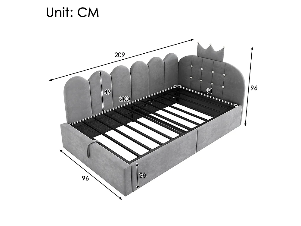 Lit simple rembourré 90 x 200 cm, Canapé-lit avec hydraulique rangement, Lit enfant avec couronne, sommier à lattes, velours gris, sans matelas