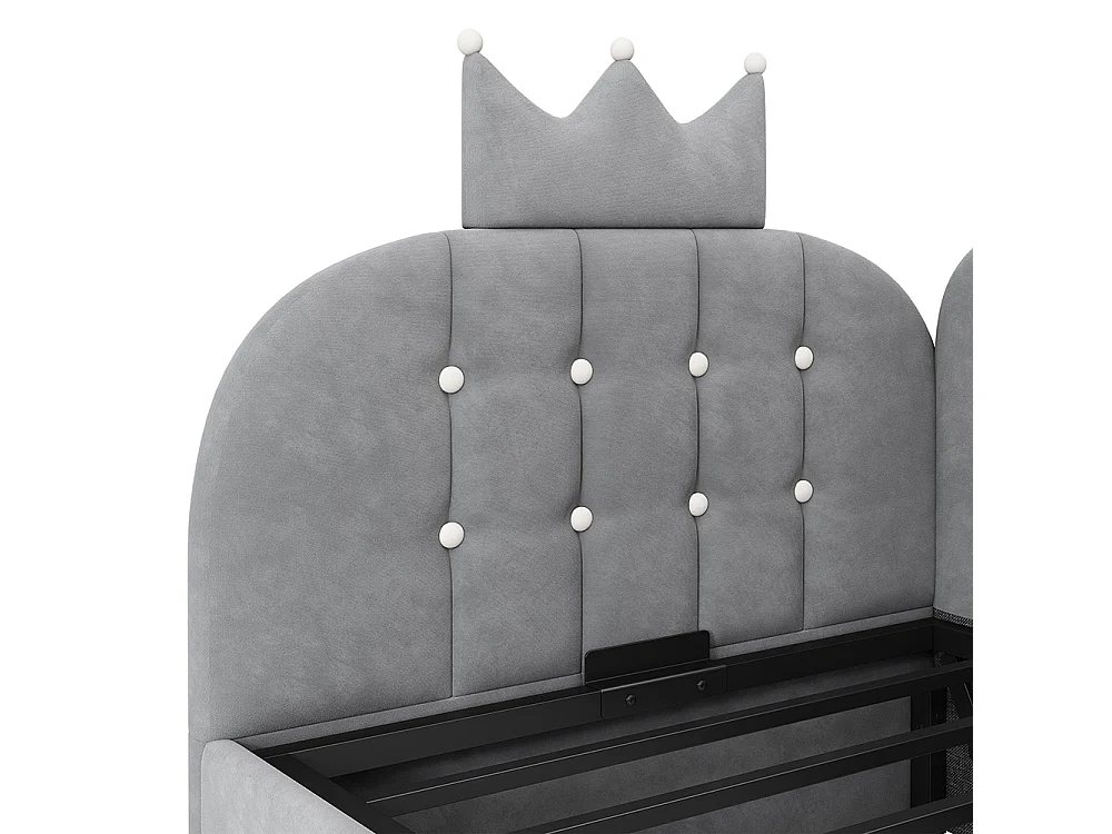 Lit simple rembourré 90 x 200 cm, Canapé-lit avec hydraulique rangement, Lit enfant avec couronne, sommier à lattes, velours gris, sans matelas