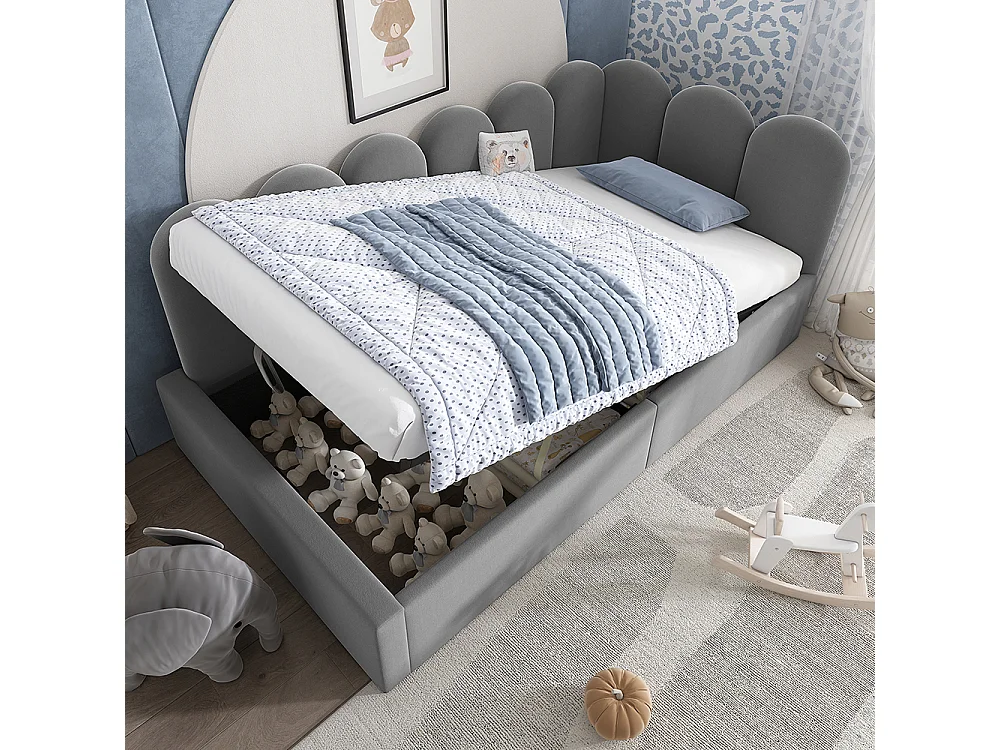 Lit coffre rembourré 90x190 cm - Canapé-lit avec coffre de rangement - Lit enfant avec sommier à lattes - Velours - Gris