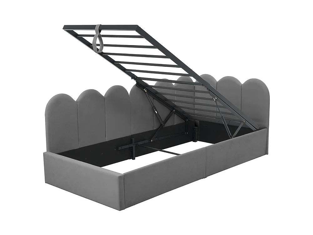 Lit coffre rembourré 90x190 cm - Canapé-lit avec coffre de rangement - Lit enfant avec sommier à lattes - Velours - Gris