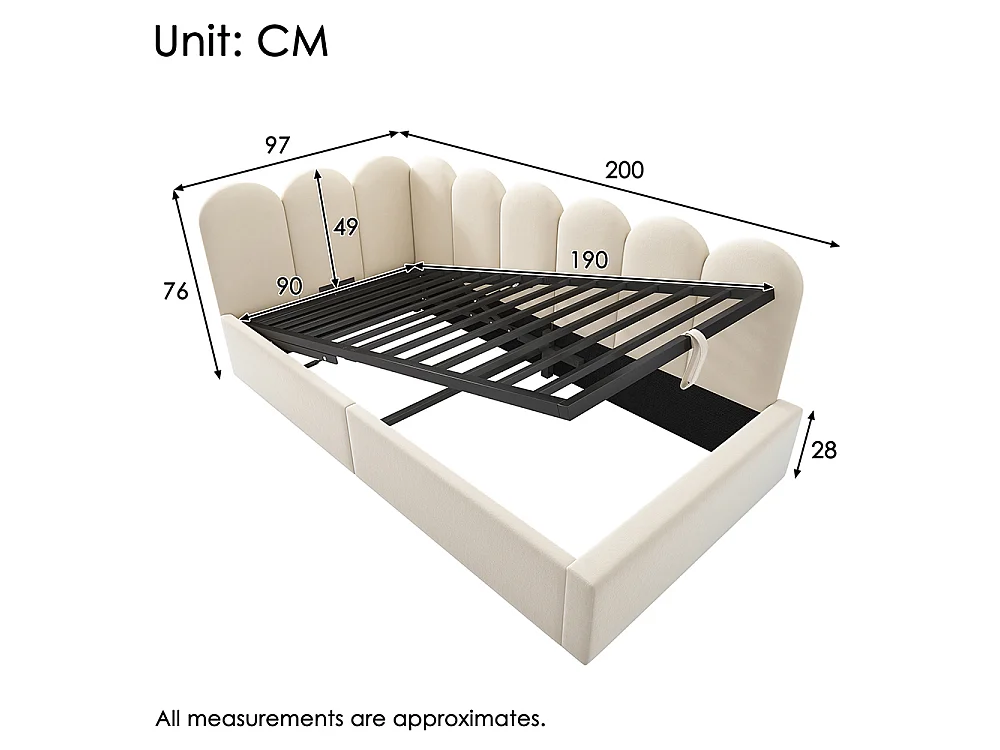 Lit coffre rembourré 90x190 cm - Canapé-lit avec coffre de rangement - Lit enfant avec sommier à lattes - Velours - Beige
