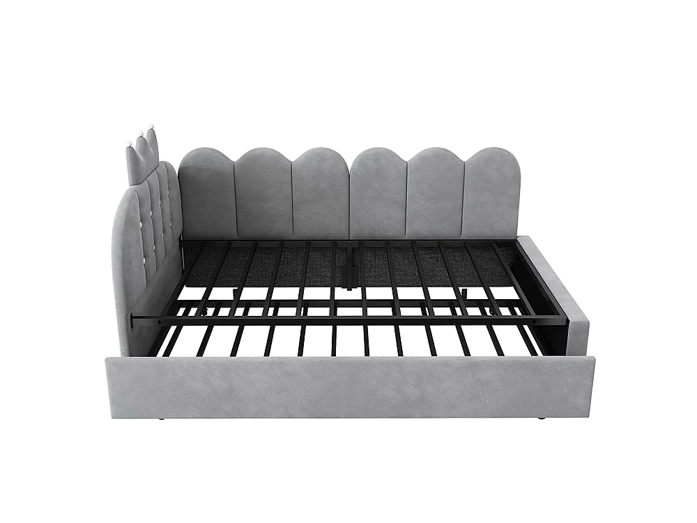 Canapé-lit 90 x 200 cm avec lit gigogne 90 x 190 cm, Lit simple rembourré avec couronne, Structure en métal, Velours, Gris