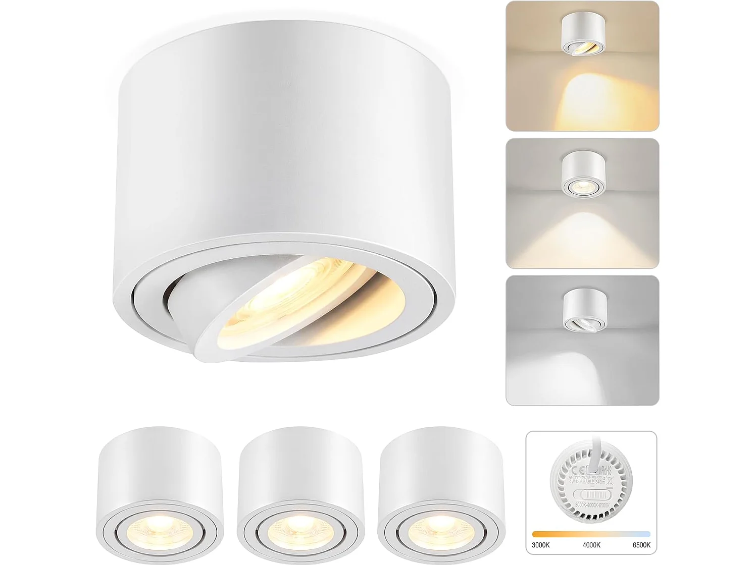 NETTLIFE Set van 4 Witte LED Inbouwspots Dimbaar, 3CCT 3000K-6500K, Extra Plat Ø80x50mm, Draaibaar 30°, Plafondlamp voor Woonkamer Keuken