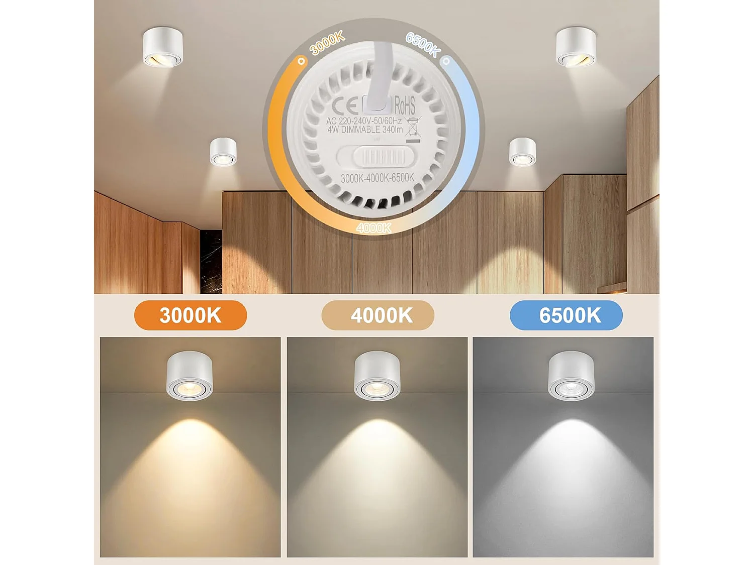 NETTLIFE Set van 4 Witte LED Inbouwspots Dimbaar, 3CCT 3000K-6500K, Extra Plat Ø80x50mm, Draaibaar 30°, Plafondlamp voor Woonkamer Keuken