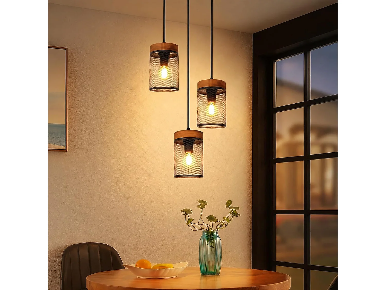 NETTLIFE Hängelampe für Esstisch 3 Flammen E14, Leuchte aus Holz und Metall Schwarz Vintage, Deckenleuchte Industrie-Retro für Wohnzimmer (Ohne Leuchtmittel)