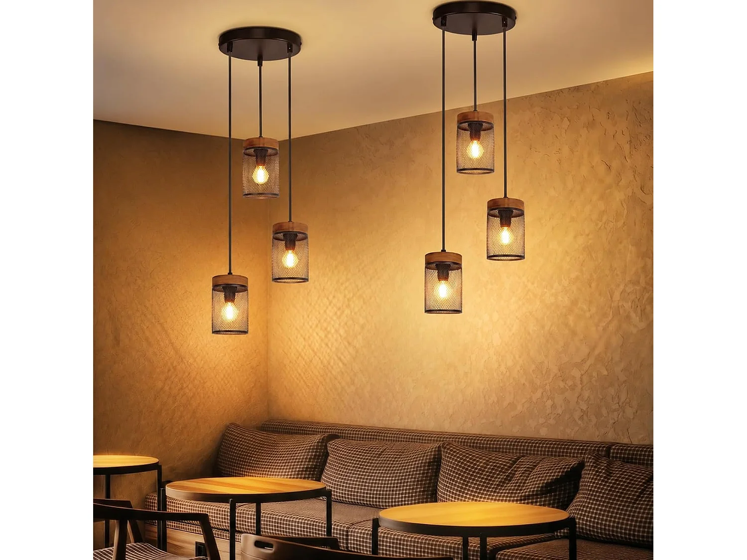 NETTLIFE Hängelampe für Esstisch 3 Flammen E14, Leuchte aus Holz und Metall Schwarz Vintage, Deckenleuchte Industrie-Retro für Wohnzimmer (Ohne Leuchtmittel)